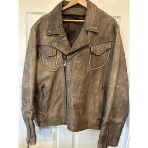 Vintage Distressed Brown Leather Biker Jacket - Heavyweight Moto - Fits Mens 2XL